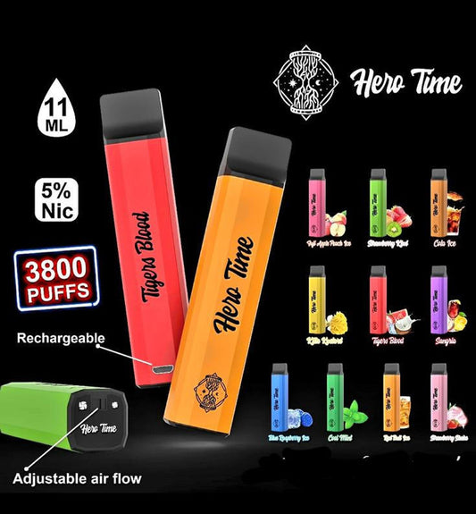 Hero Time rechargeable tobacco-free disposable vape with 3800 puffs for a nicotine-free experience